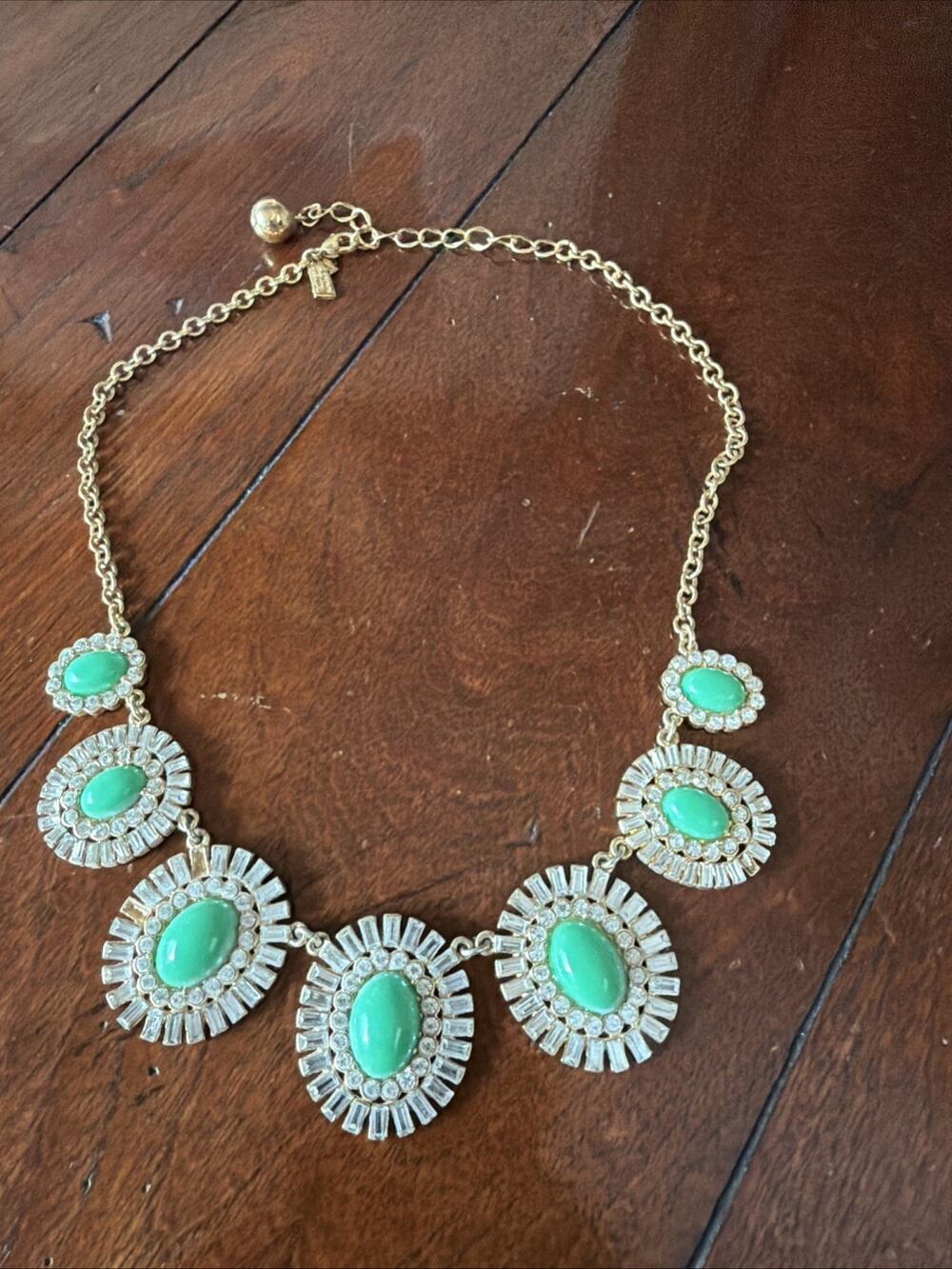 KATE SPADE STATEMENT COSTUME NECKLACE GREEN RHINESTONE OVAL PANELS GOLD TONE